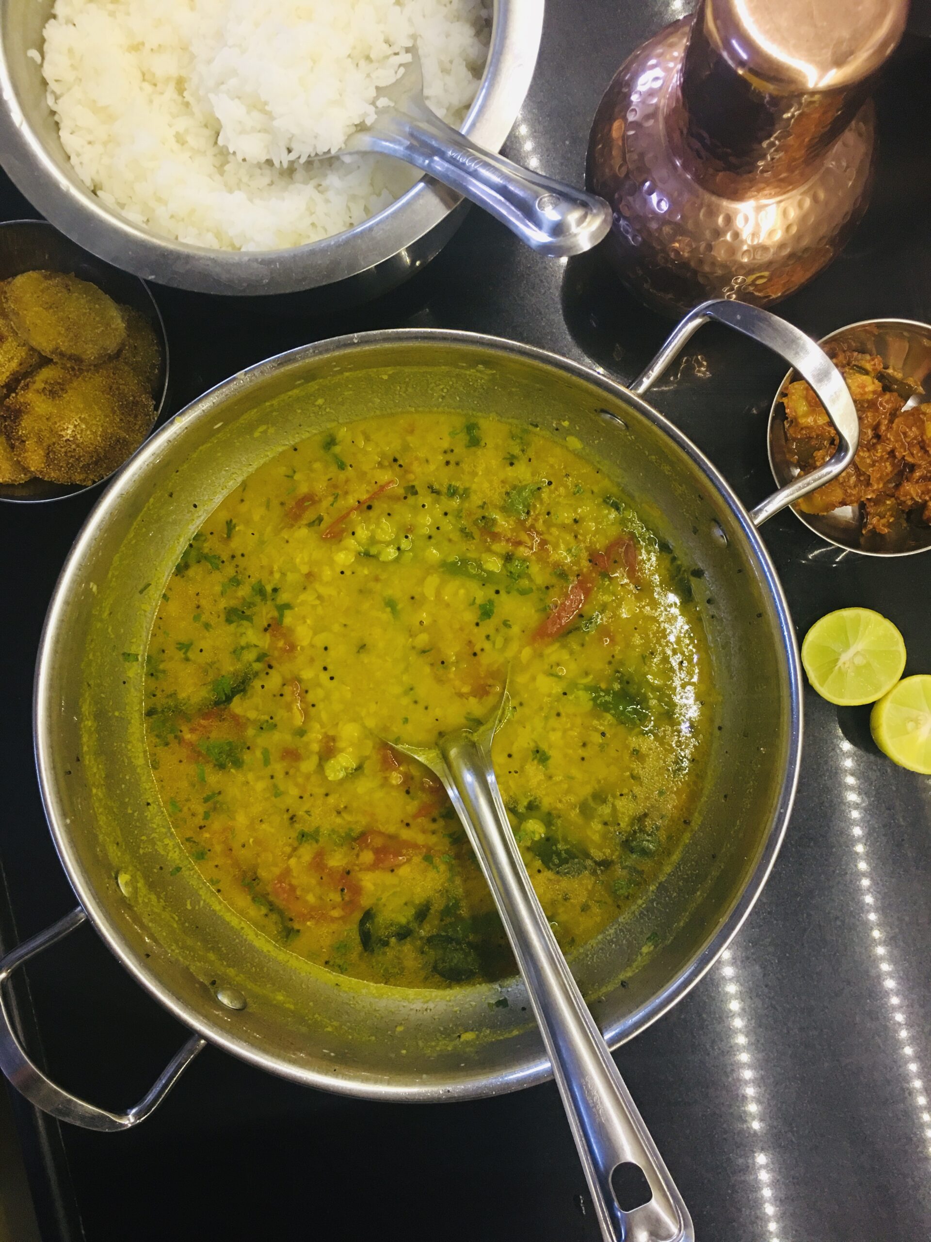 Dal-Rice, pickle, potato fries