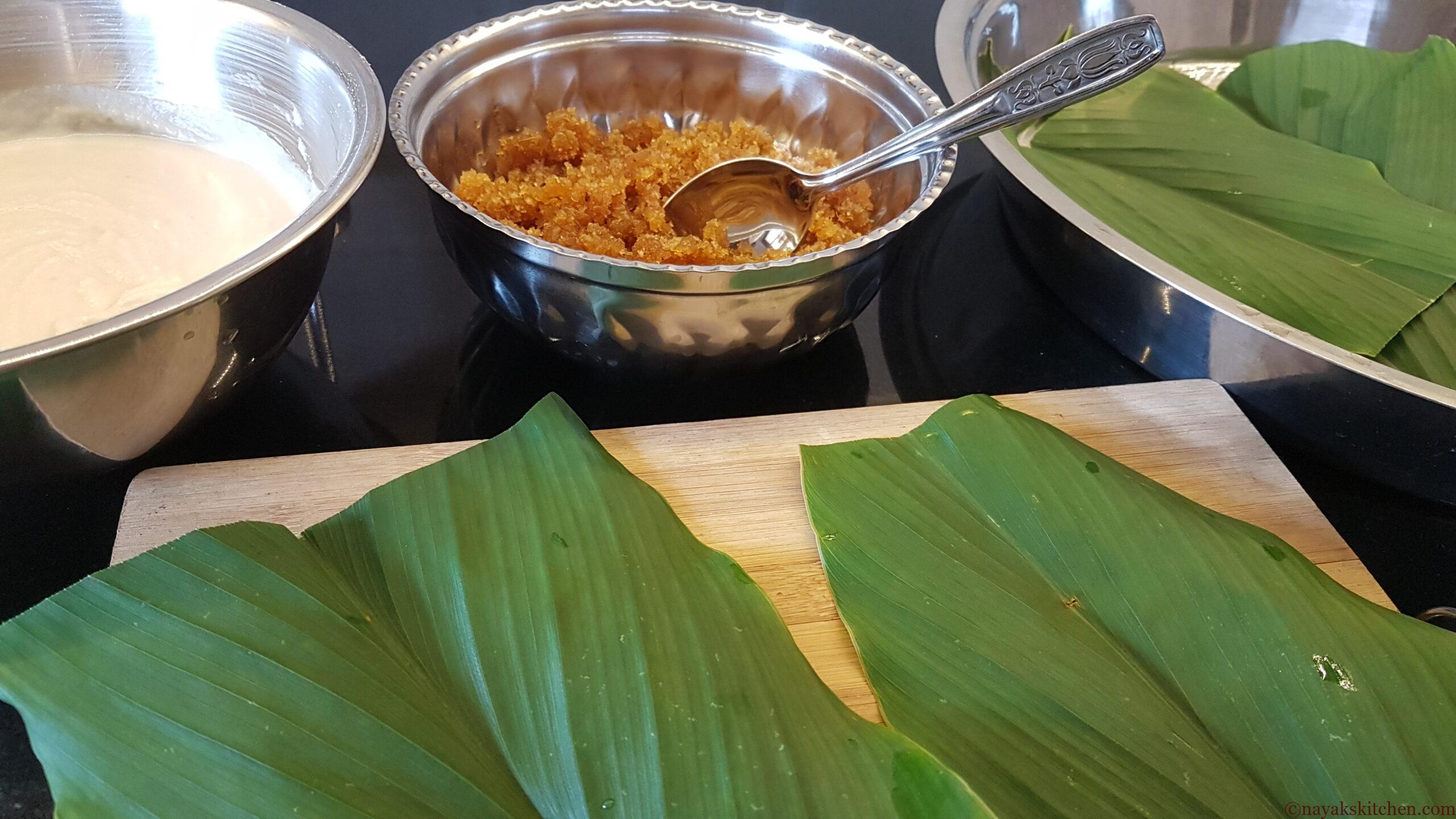 Batter, stuffing, turmeric leaves to prepare patoli recipe