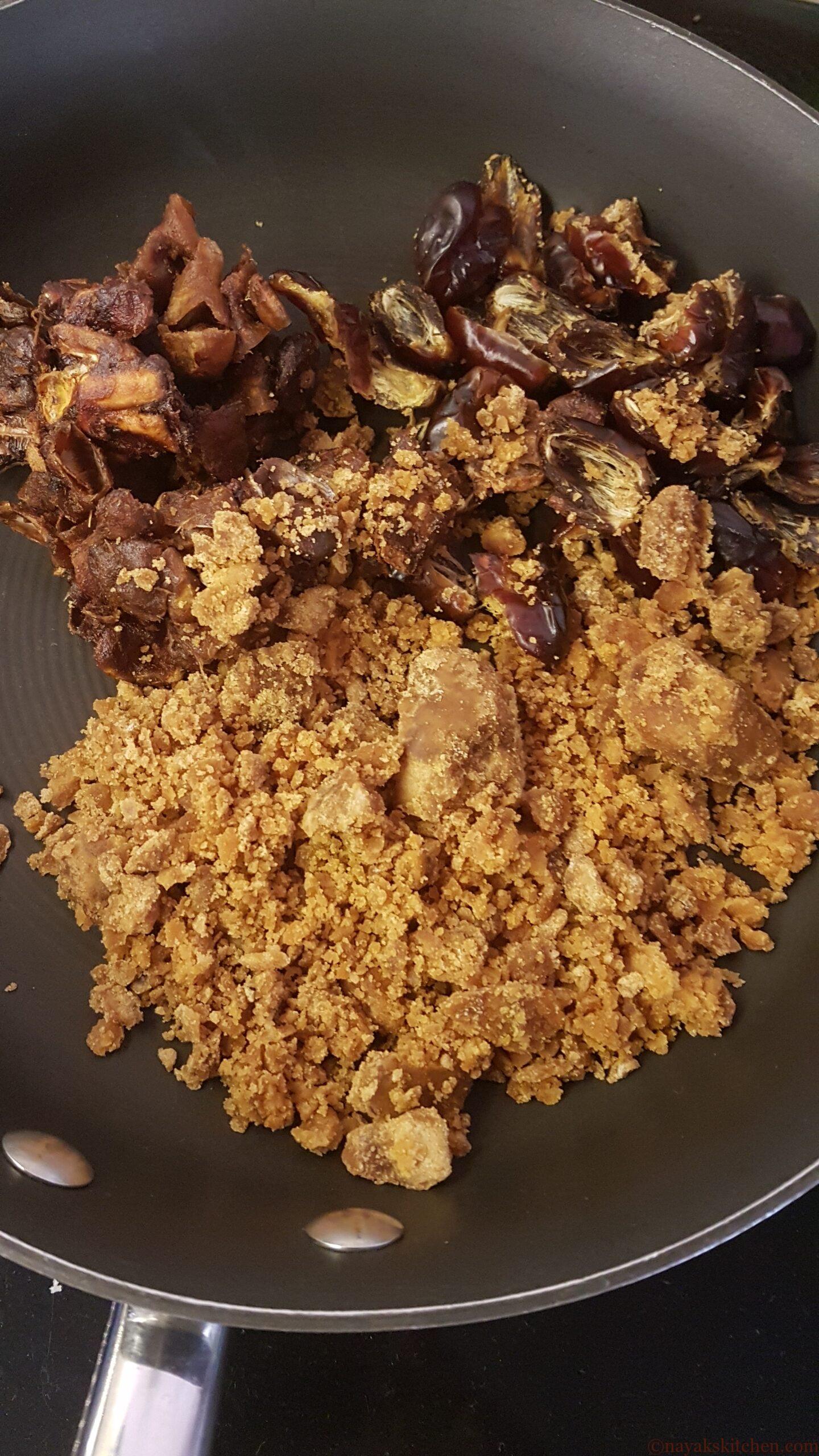 Tamarind, dates and jaggery in a pan