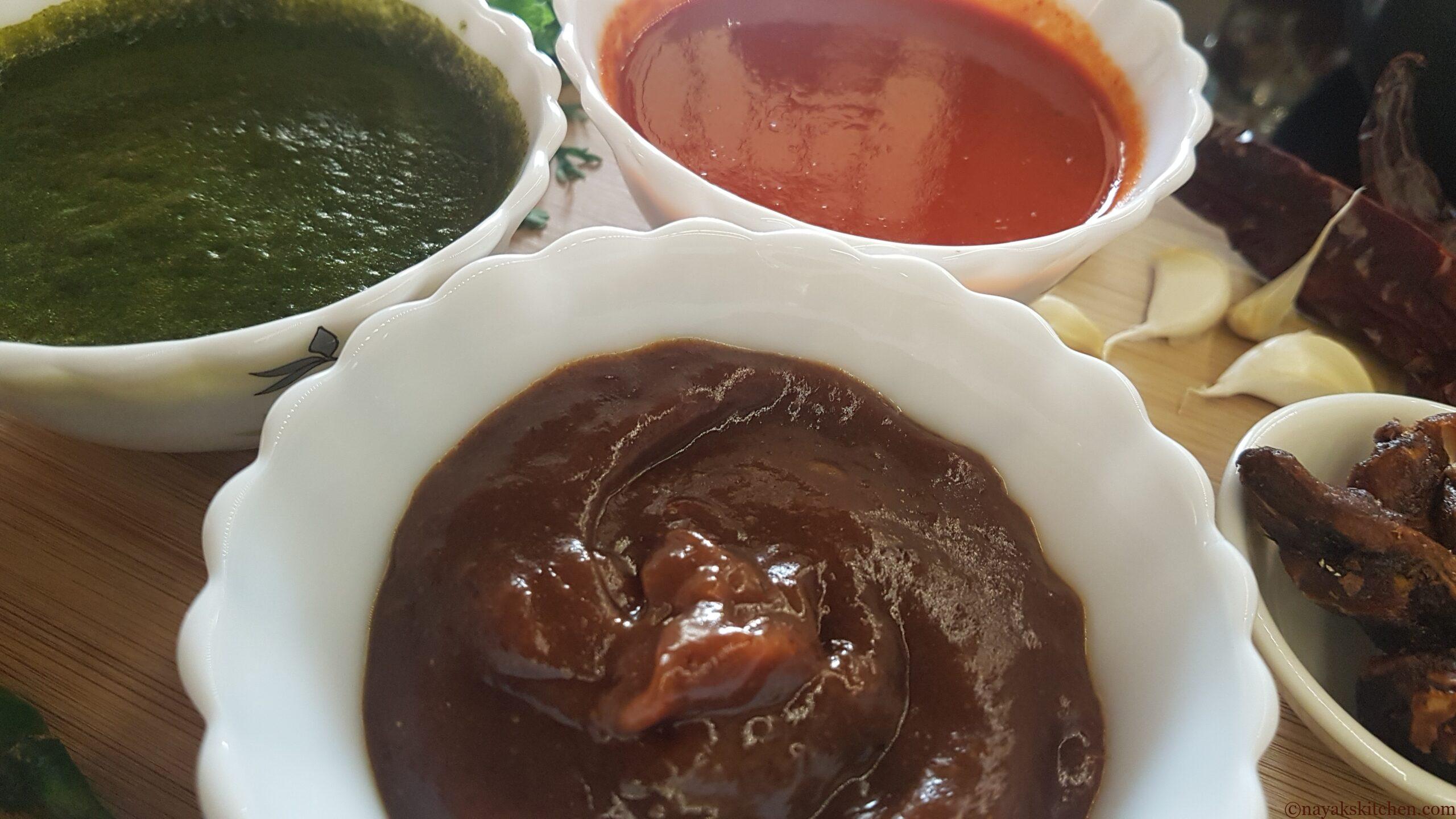 Chaat chutneys (Tamarind chutney, Red chutney and Green Chutney)