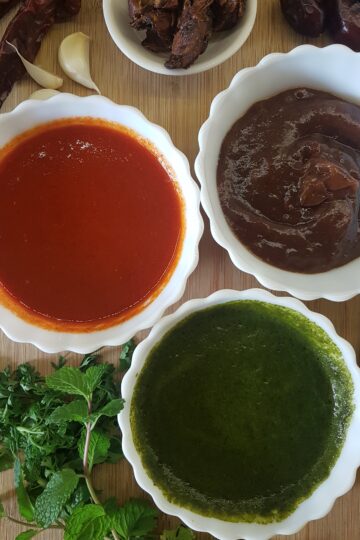 Chaat chutneys (Tamarind chutney, Red chutney and Green Chutney)