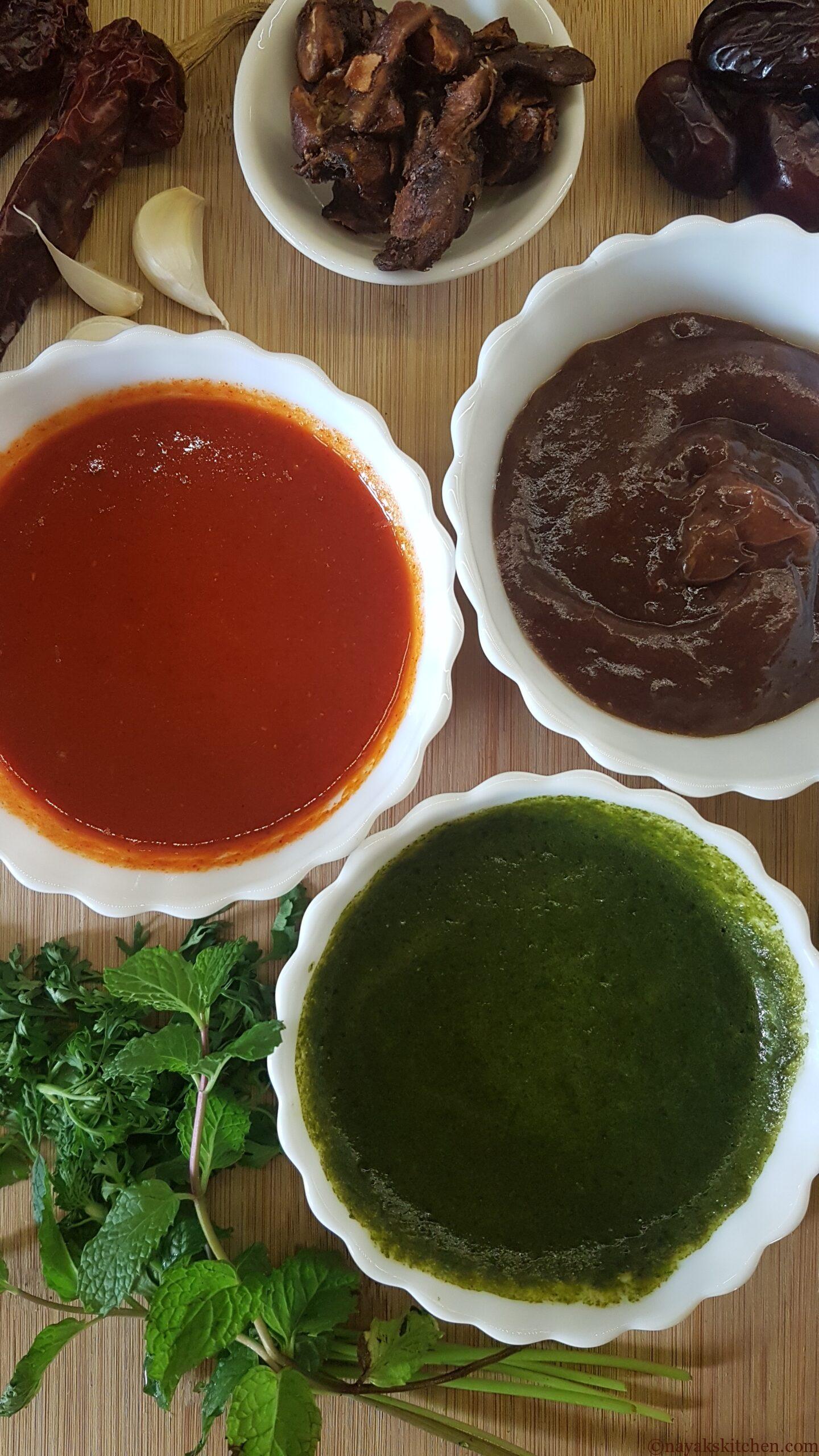 Chaat chutneys (Tamarind chutney, Red chutney and Green Chutney)