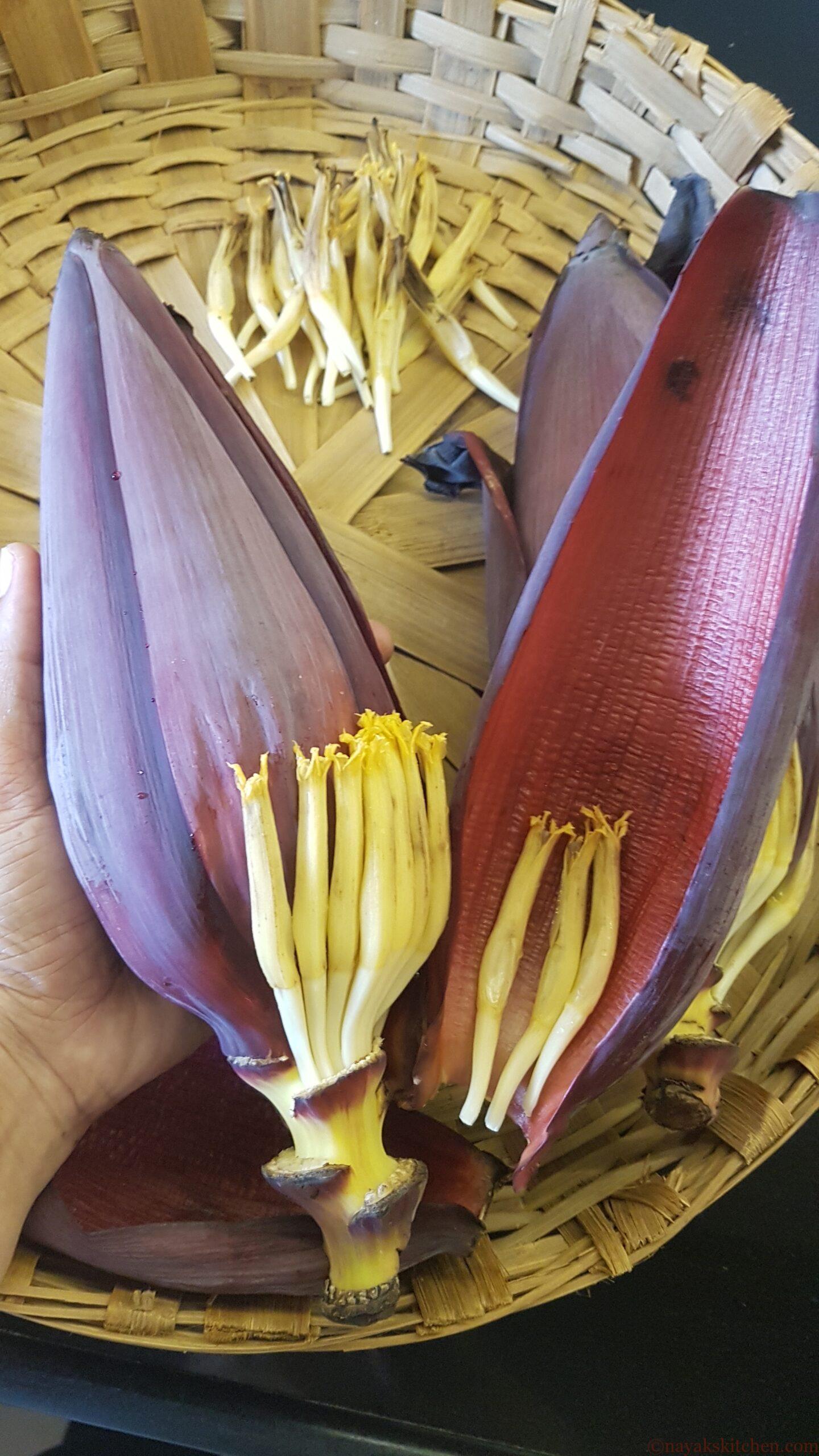 Cleaning the banana blossom for kelfulachi bhaji