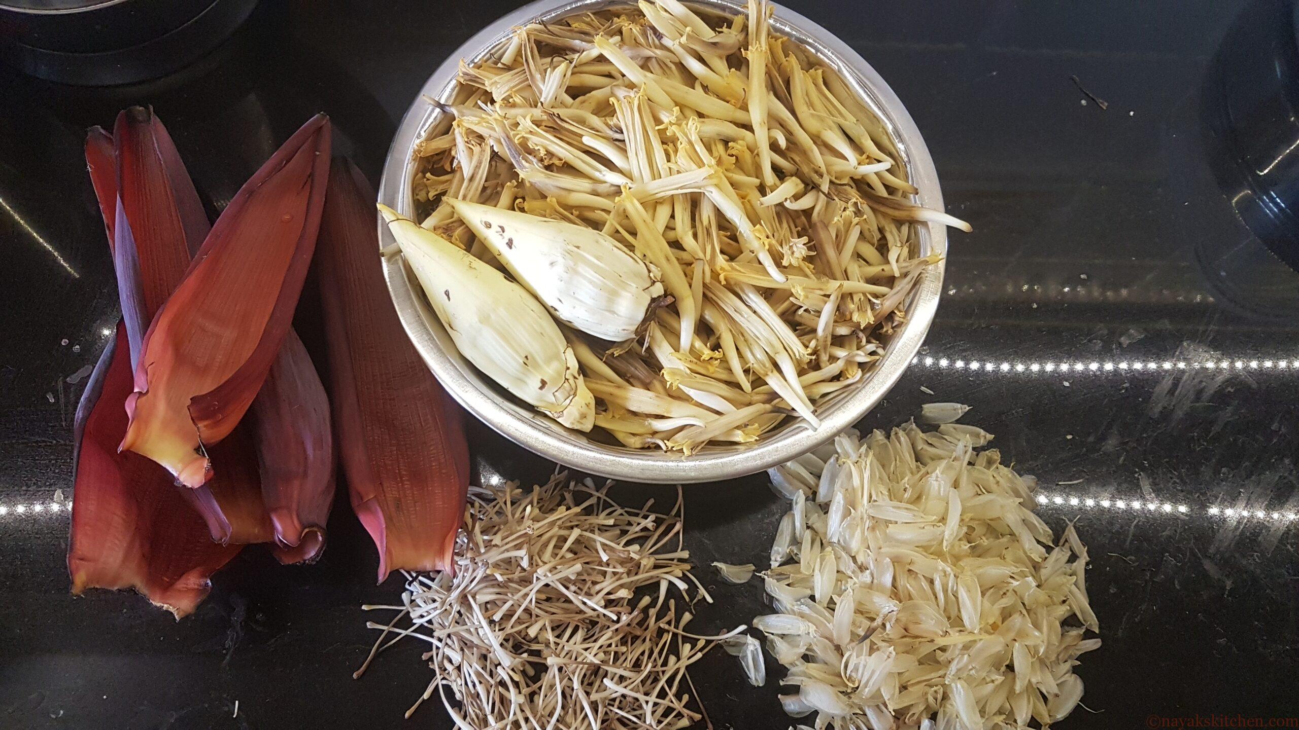 Completely cleaned banana blossom with the discarded parts