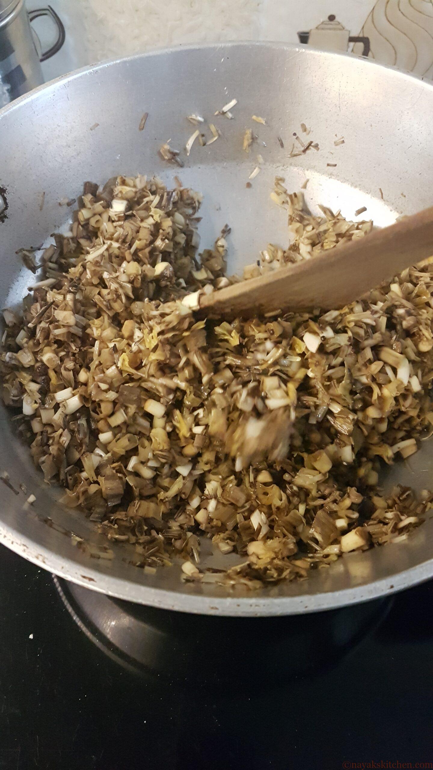Stir frying banana blossom