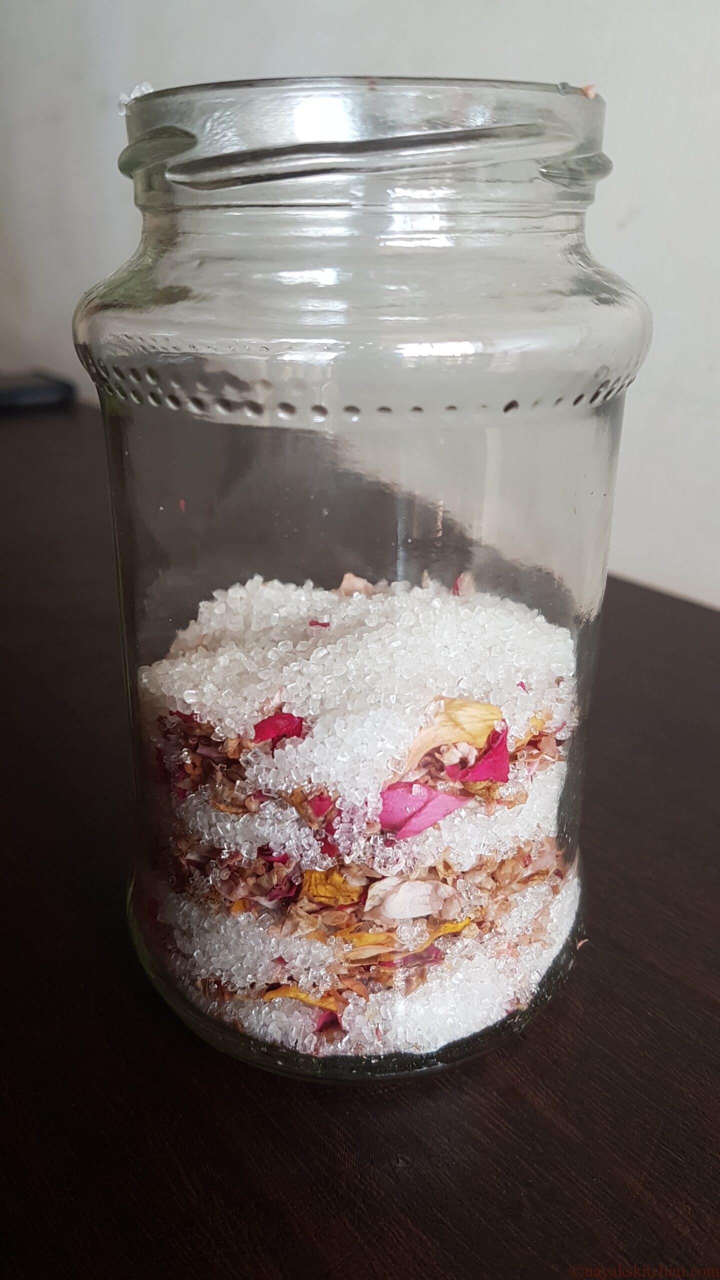 Layers of rose petals and sugar