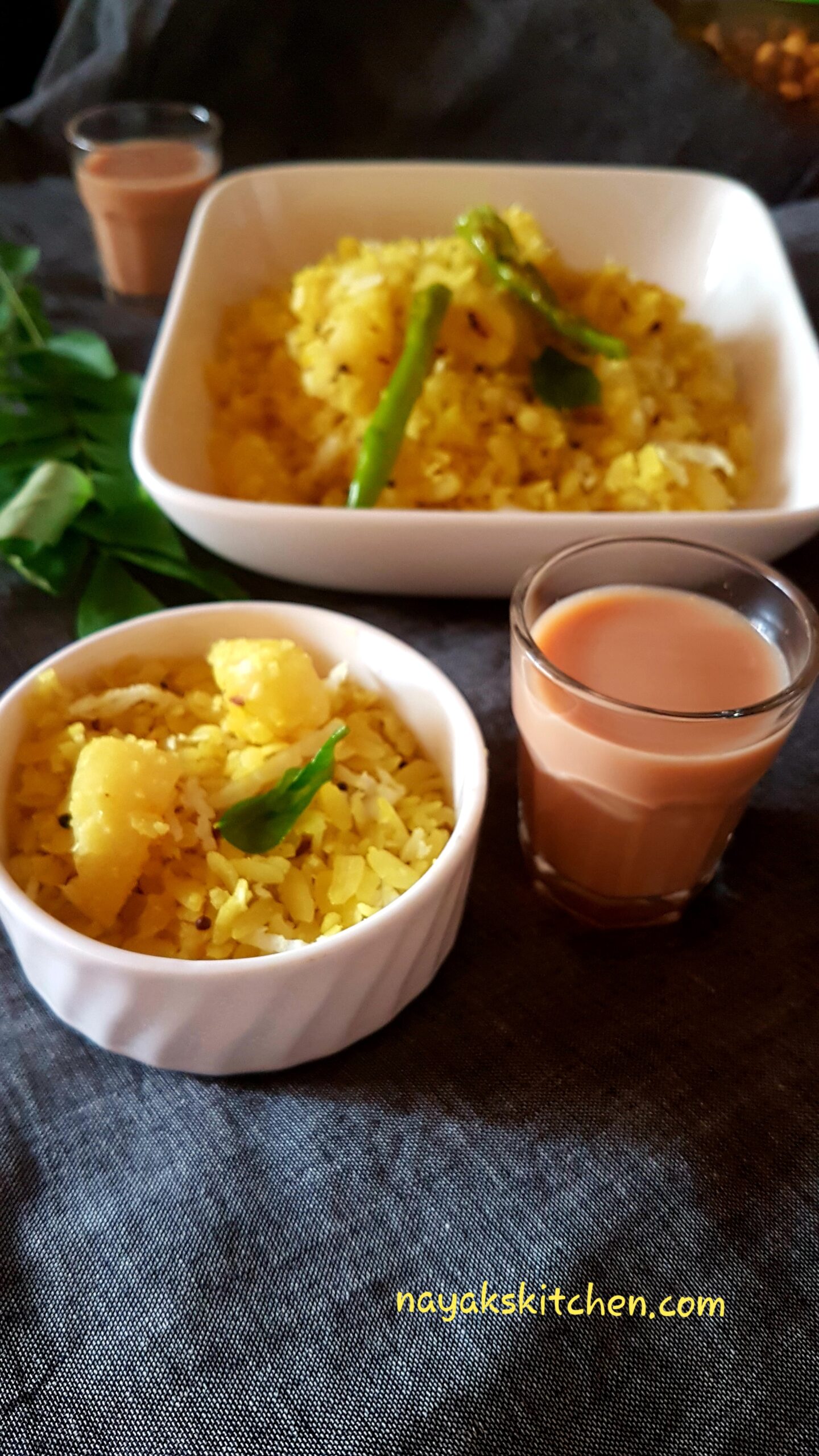 Potato poha served with hot tea