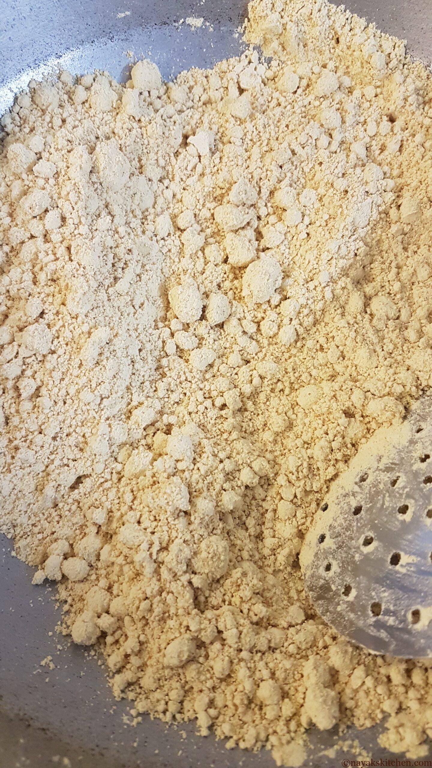 Roasting flour till an aroma is released