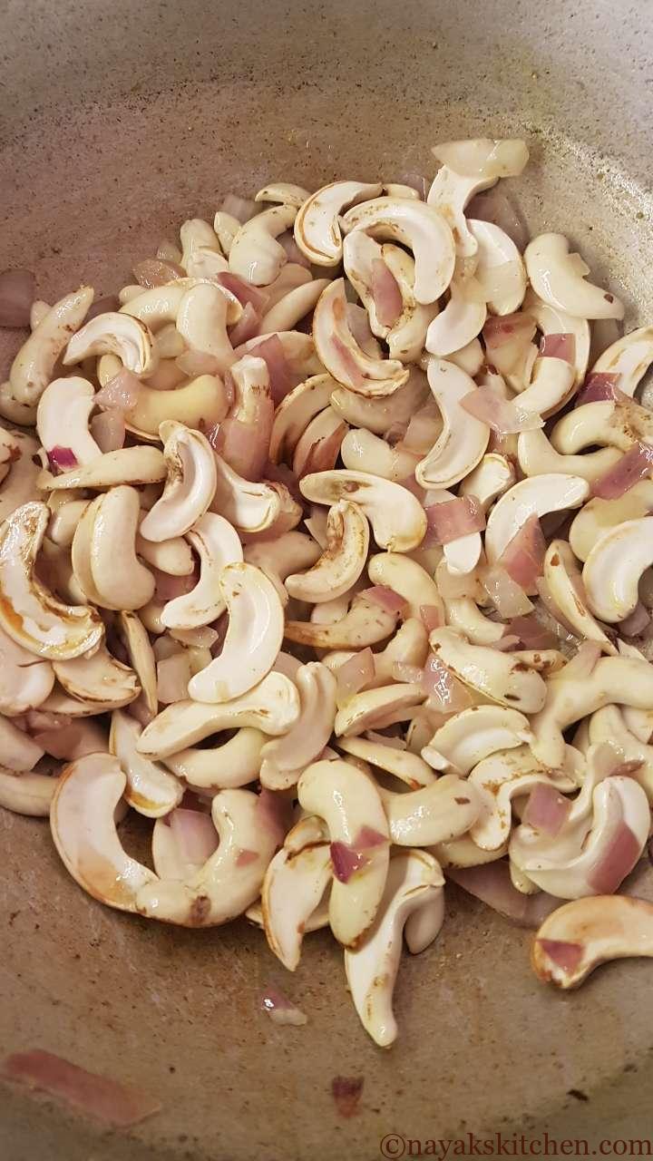 Mixing onion and cashew well