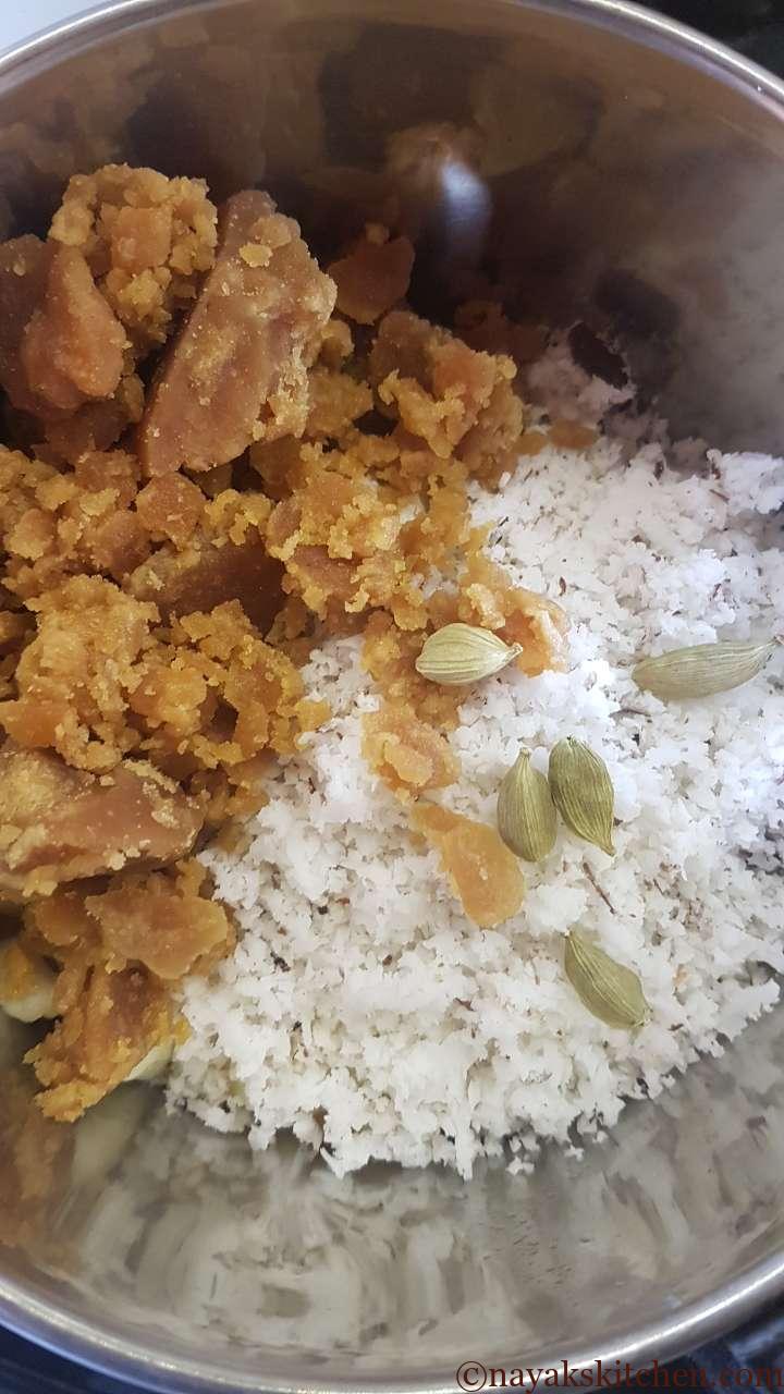 Adding jaggery and elaichi