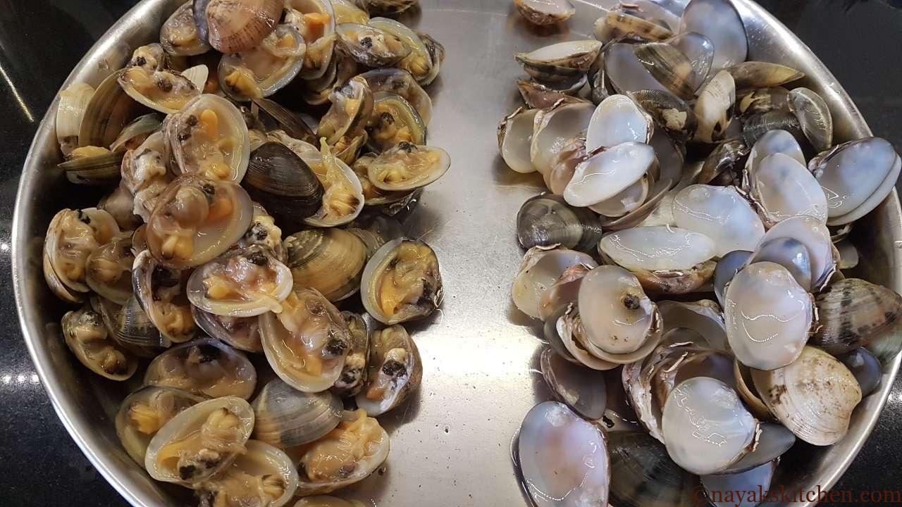 Cleaned clams (tisreo) with discarded shells. (Tisrya fish)