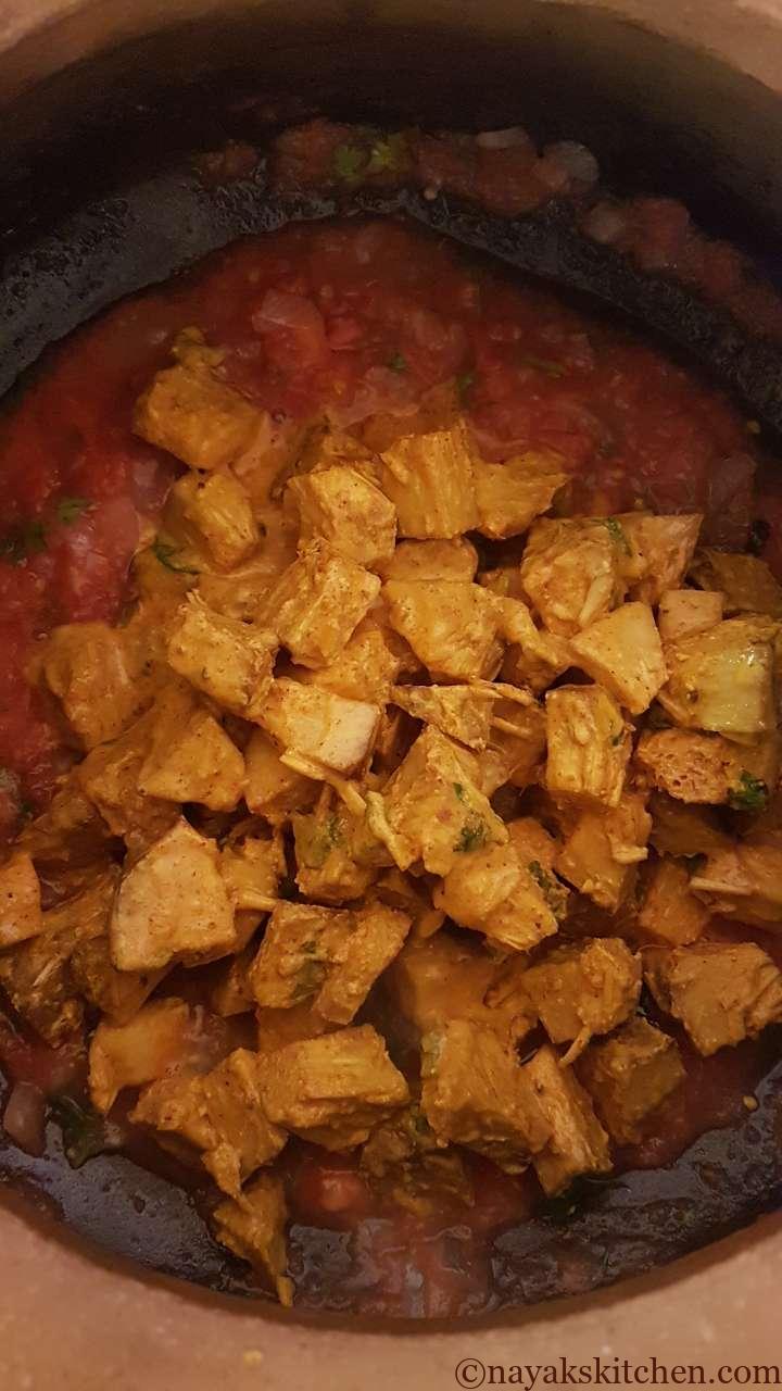 Adding marinated jackfruit chunks