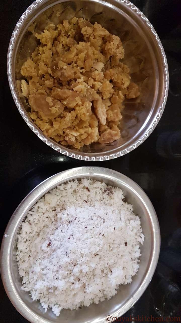 Grated coconut and jaggery for atwal