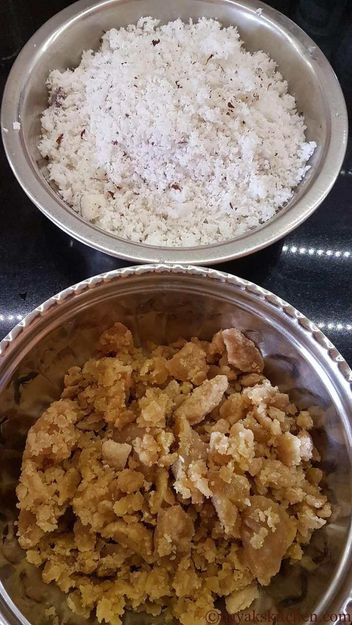 Grated coconut and jaggery for Atwal