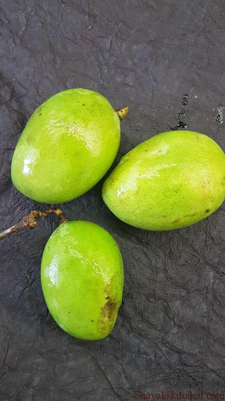 Raw mangoes for prawns curry